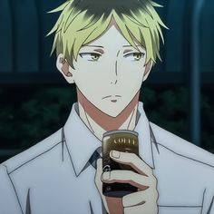 a young, fairskinned anime man with blond hair and yellow eyes drinks from a can. he wears a white collared shirt and has a serious expression. the background suggests an outdoor setting at night.