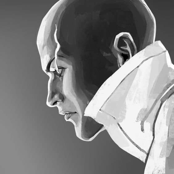 a black and white digital painting of a bald man in profile. the man's expression is serious and contemplative. the style is dramatic and uses strong contrasts of light and shadow.