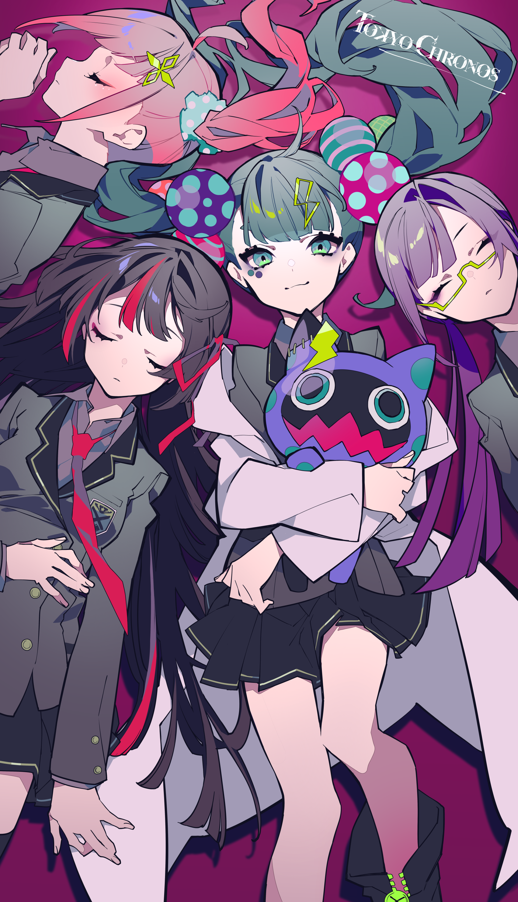 an anime image showing 4 women wearing school uniforms and lying down in close proximity. one is holding a stuffed toy.
