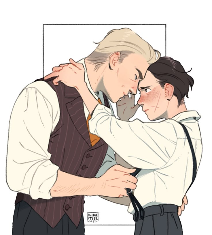 an illustration features two men in an intimate embrace. the man on the left has blond hair and wears a white dress shirt beneath a pinstripe vest, while the man on the right, sporting brunette hair, wears a white dress shirt with suspenders. the man on the right has blushed cheeks and slight scarring on the face. they appear close, perhaps in love. the artwork is drawn in a cartoon style. the image is set against a white background.