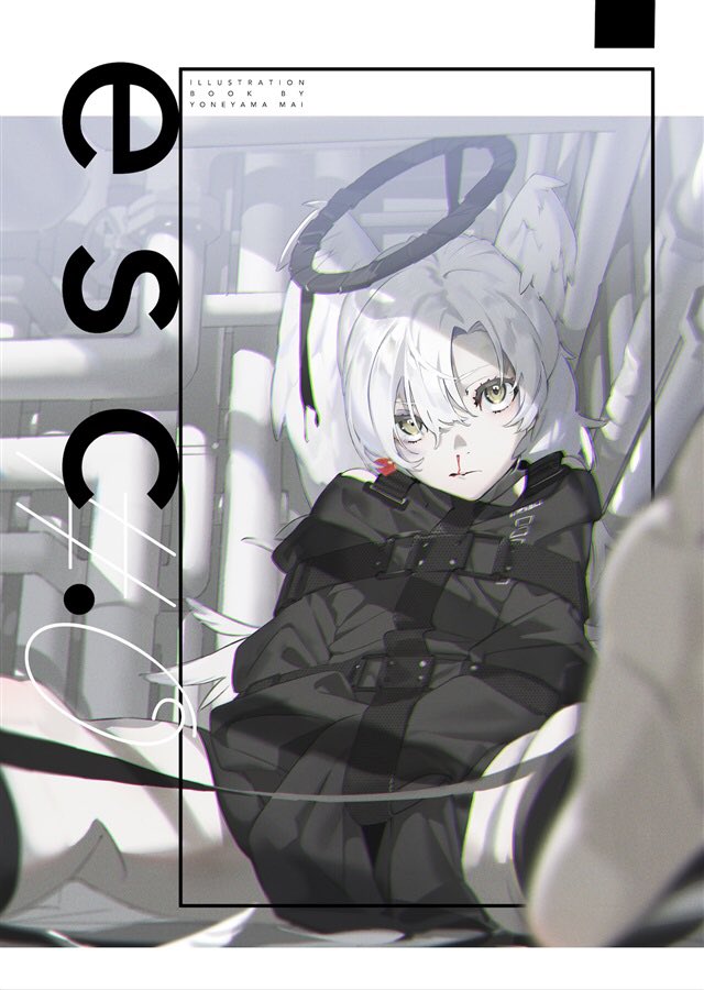 an anime girl with white hair and a halo is tied up with belts. she wears a black jacket and choker.  there is blood on her face and she looks sad.  the illustration has soft lighting with a white and gray background.