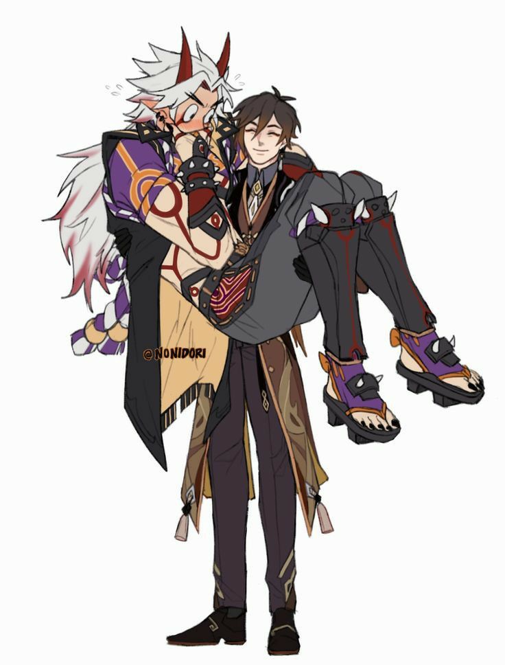 the image is a piece of digital fanart, likely inspired by anime or manga styles, depicting two male characters.  one character, with white hair, onilike horns, and red and gold clothing, is carrying the other character, who has dark hair and is dressed in darker, more formallooking clothing with gold accents.  the carried character is smiling, while the carrier appears slightly flustered or blushing. both characters wear getastyle sandals. the overall style is expressive and vibrant. the artist's signature "nonidori" is visible in the artwork. the style bears a strong resemblance to that often found in genshin impact fanart but is not explicitly stated to be such.