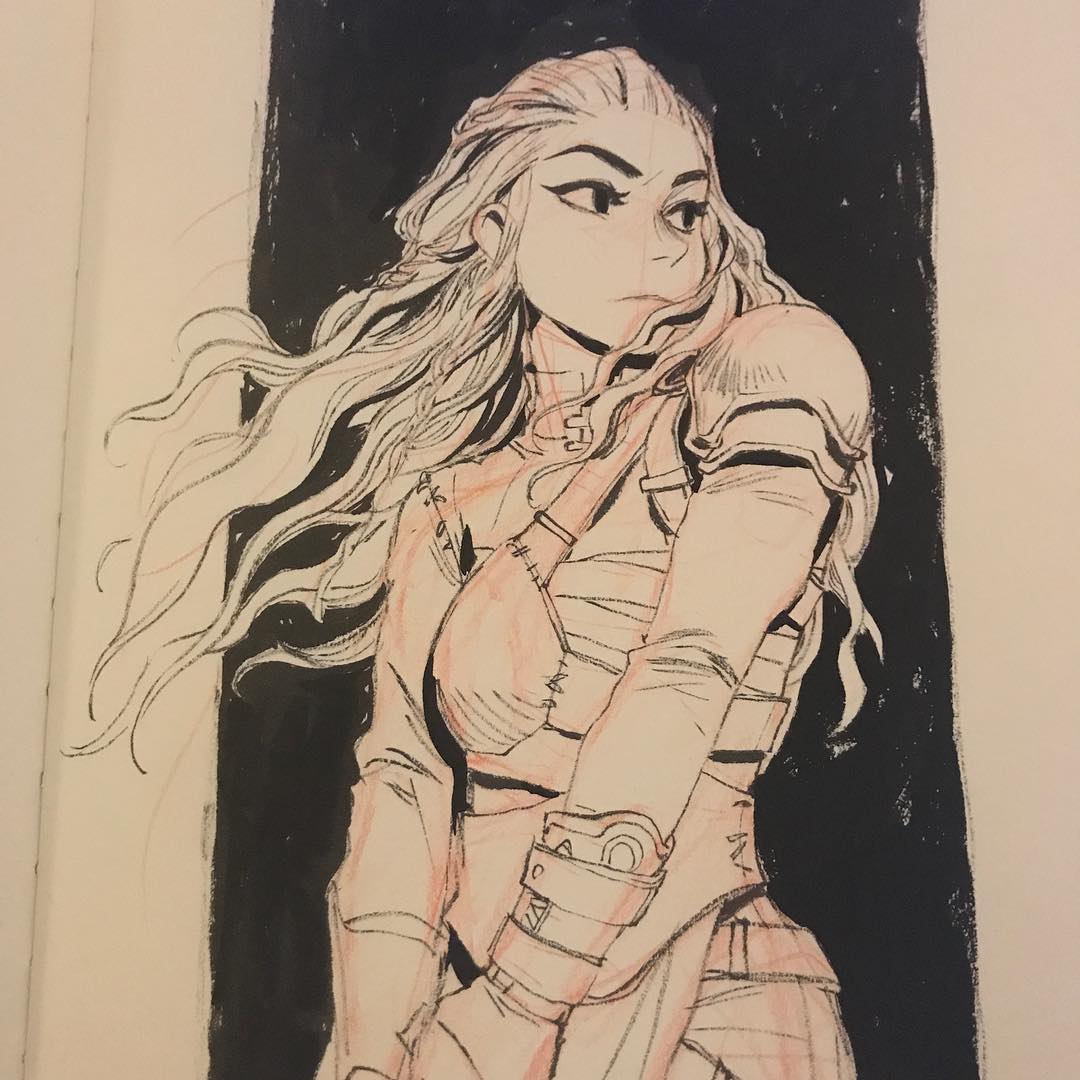 the image is a detailed sketch of a woman in armor. she has long, flowing hair and is looking to the side. the drawing is in black and white with a few red sketch lines and some black marker shading in the background. she appears to be a warrior or fantasy character.
