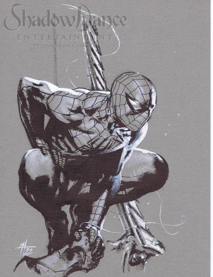 a black and white drawing of spiderman in a dynamic pose, with his webshooters extended and his mask on. the drawing is done in a pencil and ink style and has a very detailed style. it is a collectible original art piece from shadowlance entertainment.