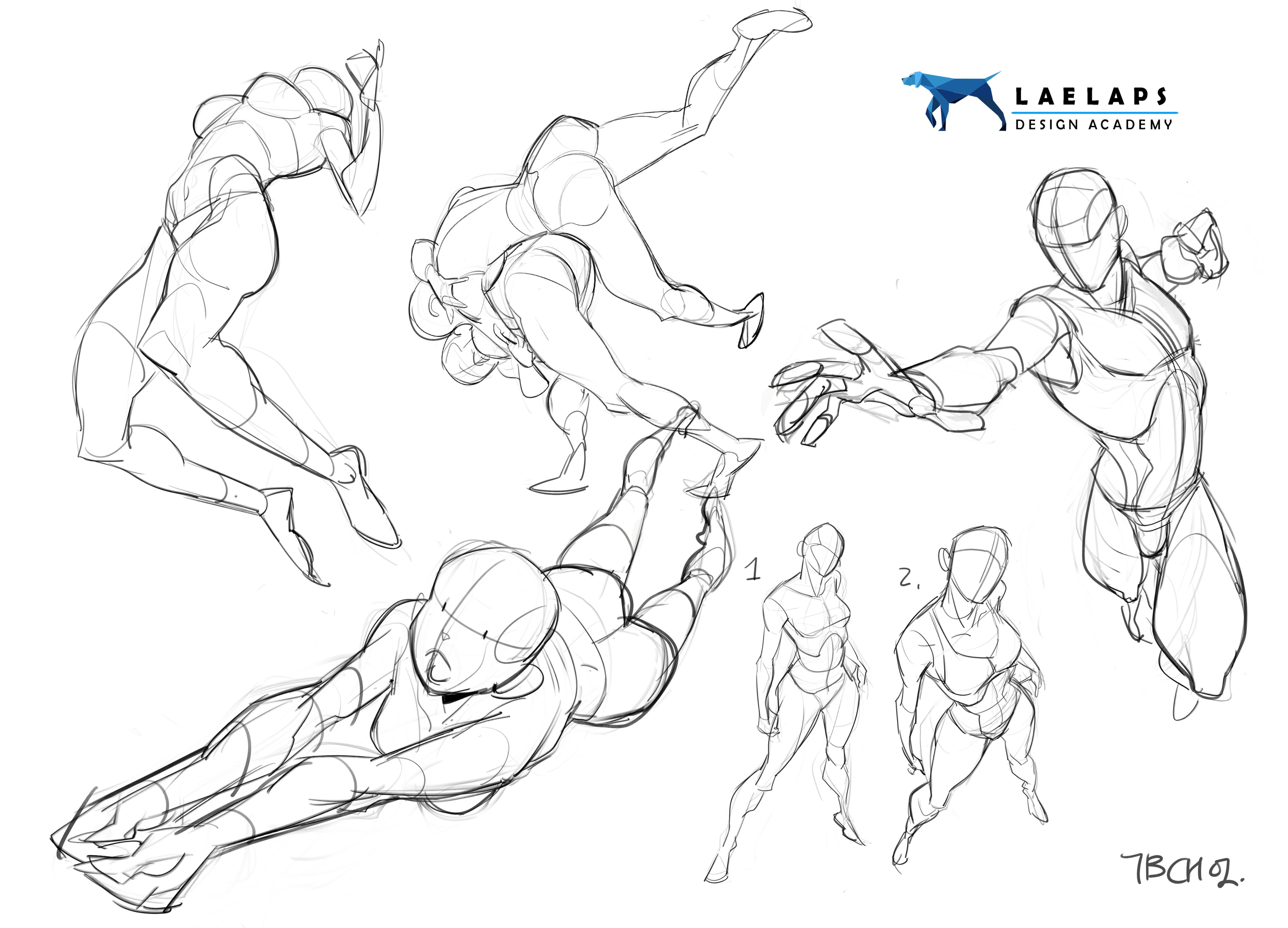 the image contains a collection of figure drawings showcasing various dynamic poses and perspectives. the sketches are rendered in loose, expressive lines, focusing on capturing movement and anatomical form. several figures are depicted in action poses, suggesting a sense of motion and energy.  other figures are shown in more static poses. the style is consistent with gesture drawing, prioritizing the overall form and flow of the figure rather than intricate detail. a logo for "laelaps design academy" and a signature "tbcho2" are included in the image. the overall impression is one of a working sketchbook or study of human movement and anatomy for artistic purposes.