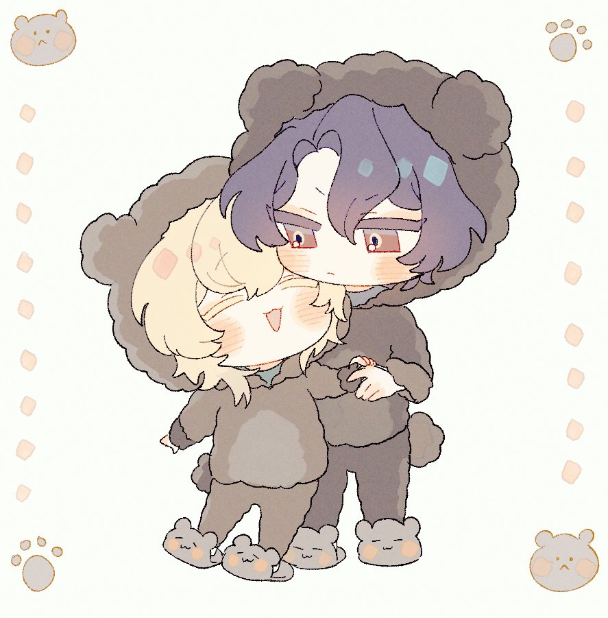 he image is a cute animestyle drawing of two boys in matching bear pajamas hugging each other.  the boy in the front has blond hair and the boy behind him has purple hair. both are drawn in a chibi style, meaning they have large heads and small bodies.  they look happy and affectionate. the style is soft and pastel, with a simple, light background featuring small bear paw prints.  the overall feel of the image is sweet and innocent.