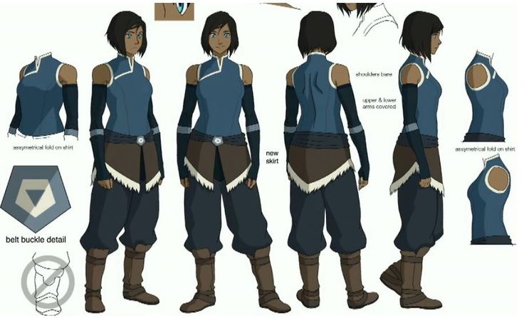 this is a design sheet for the character korra from the animated television series the legend of korra. the sheet shows korra from different angles, with details of her clothing and a closeup of her belt buckle. the notes on the sheet describe the different elements of her outfit.  the sheet is meant to be used by artists and animators to ensure consistency in her appearance.