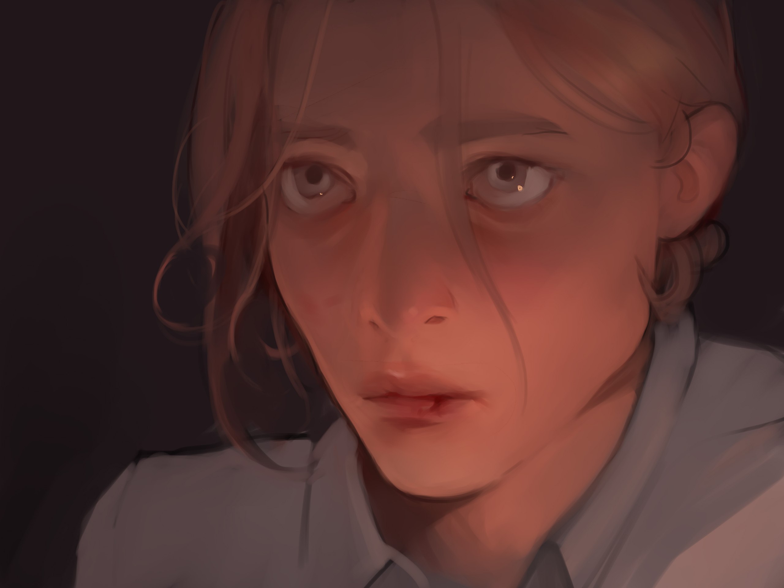 a closeup, painterly portrait of a woman with short blonde hair and a look of concern or apprehension on her face. she's lit warmly from above, casting soft shadows across her features.