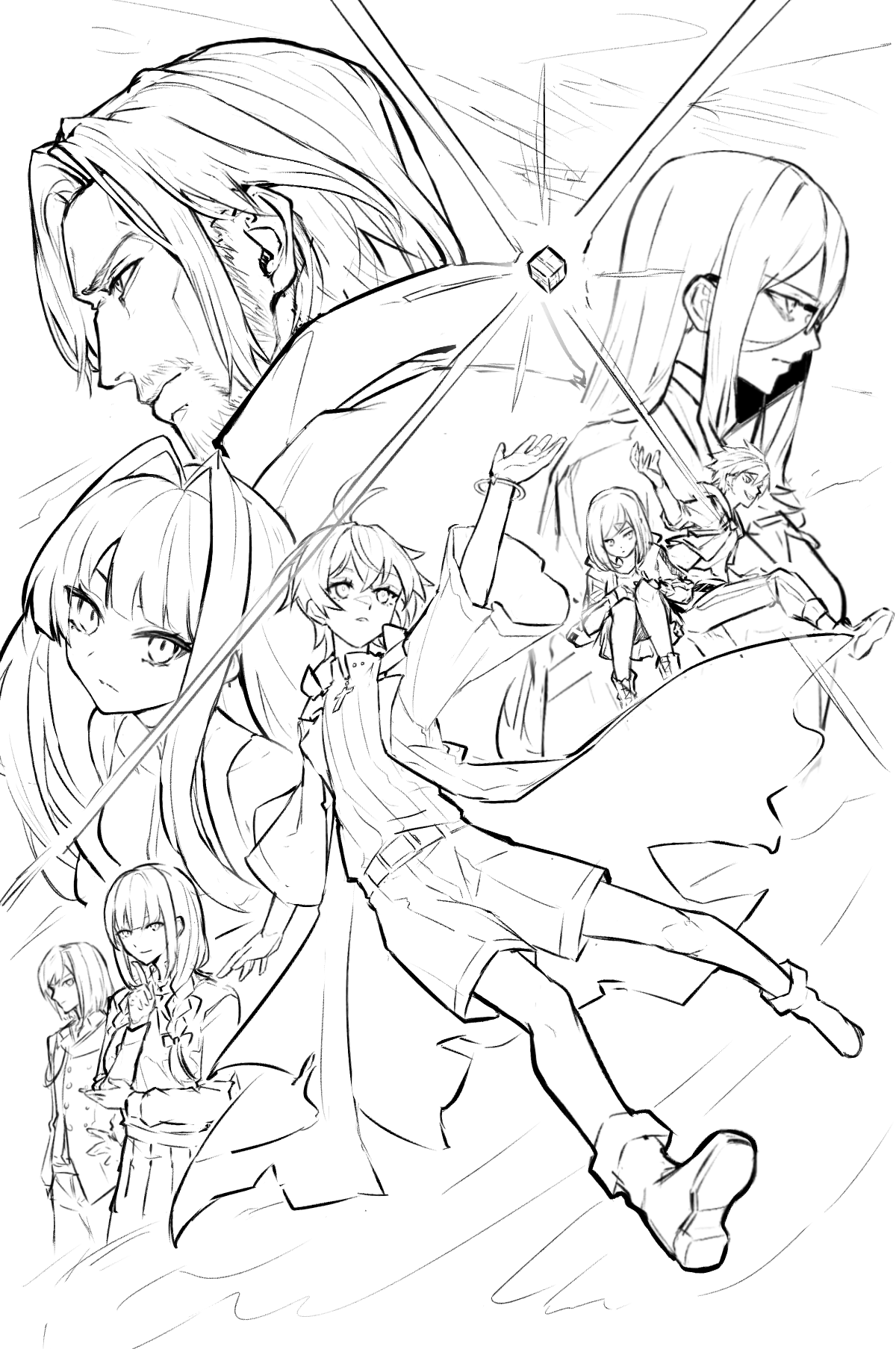 a black and white sketch of a group of anime characters. the central focus is a young boy with short hair, wearing a robe and shorts, who is depicted leaping through the air. surrounding him are other characters, including a young girl with long hair, a sternfaced man with long hair, and a woman with long hair. a bright light shines from above, illuminating the scene. the characters appear to be part of a team on a magical journey.