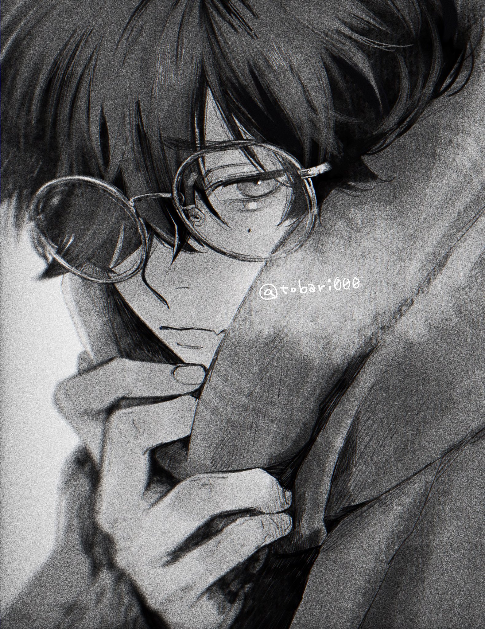 the image is a monochrome digital drawing of a young animestyle boy. he has dark hair, round glasses, and is bundled up in a coat or jacket with the collar pulled up high. his hands are clasped together near his chest, and his expression is serious and somewhat melancholic. the style is artistic and slightly sketchy, with a focus on shading and texture to create depth. the artist's watermark, "@tobariooo", is visible in the lower middle area of the image.