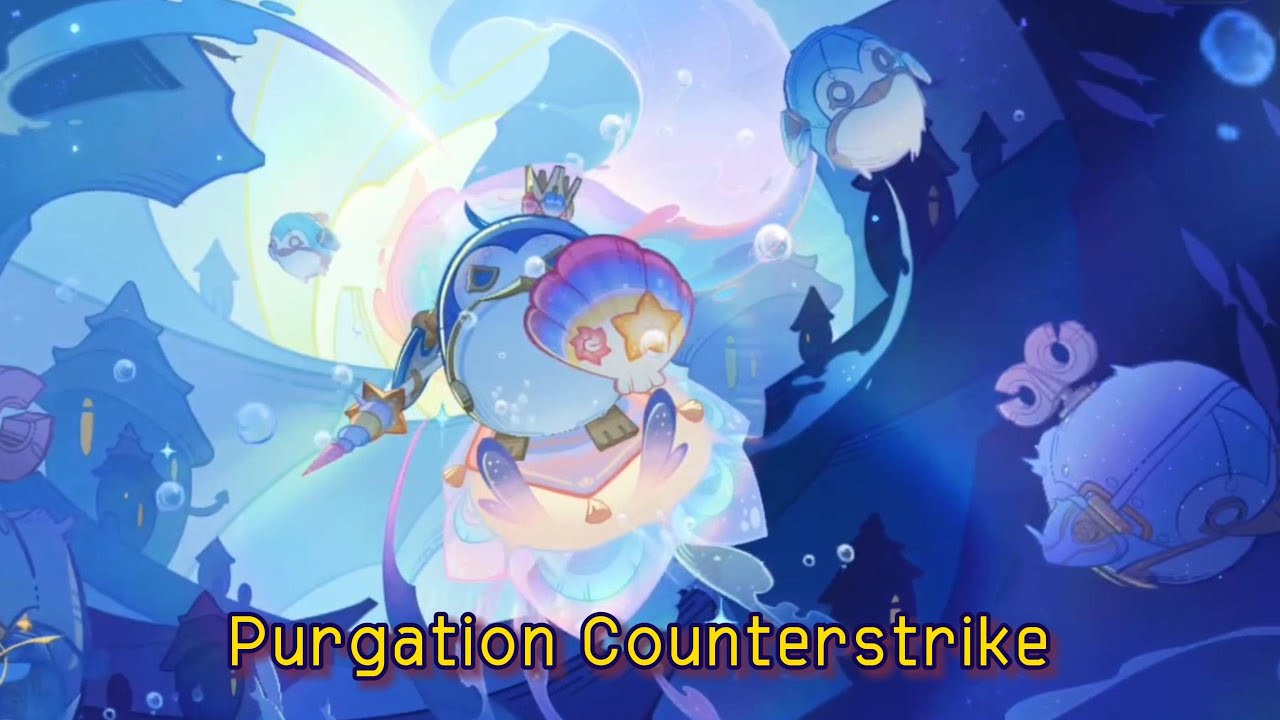 a blue and pink penguin with a crown is flying in the sky with stars and bubbles. the penguin is holding a pink seashell. the background is a dark blue with a silhouette of buildings. the text "purgation counterstrike" is displayed at the bottom of the image. this is an illustration of a character from a mobile game.