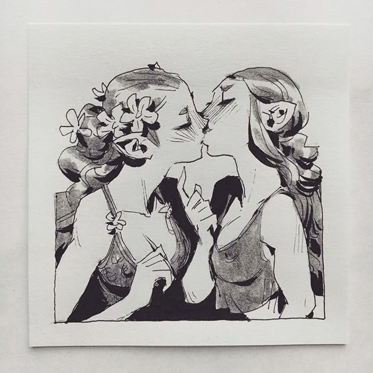 a black and white ink drawing depicts two women kissing, both wearing sleeveless tops. the woman on the left has flowers in her hair.