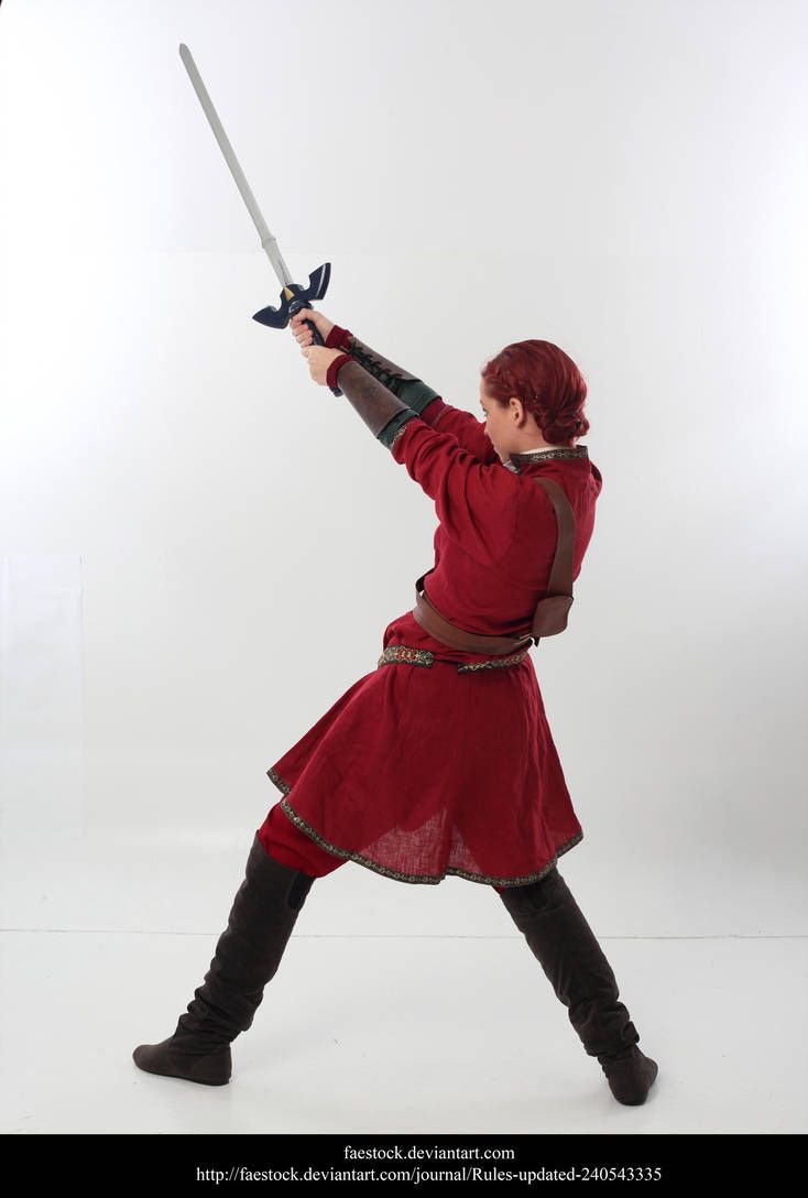 a woman in a red dress and leather armor stands in a fighting pose, holding a sword in her right hand. she is facing away from the camera, her back is turned towards the viewer, and her head is turned slightly to the right. the background is white.