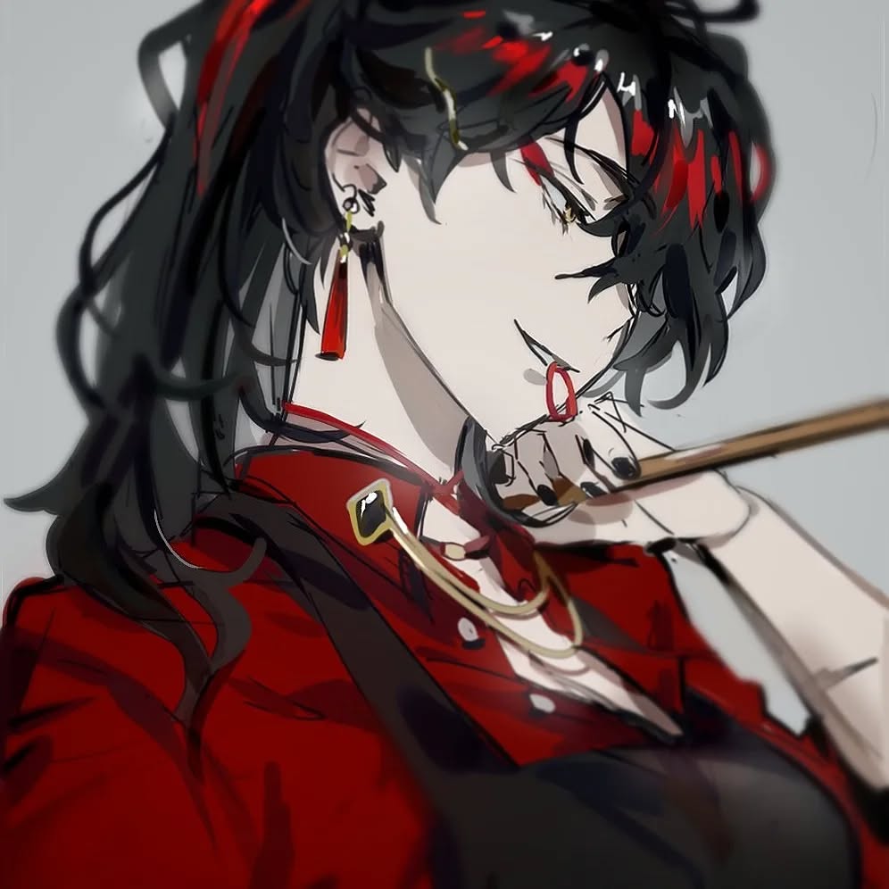 the image is a digital illustration of a stylish anime girl with long, black hair highlighted with streaks of red. she's wearing a striking red shirt or jacket with gold accents and a black undershirt.  she's adorned with red earrings and a gold necklace. her expression is confident and intense, her gaze directed slightly away from the viewer.  she is holding a long, thin object (possibly a stick or baton) in her hand, resting it across her chest.  the art style is detailed and uses dramatic lighting and shadows to create a striking effect. the overall mood is sophisticated and somewhat mysterious.