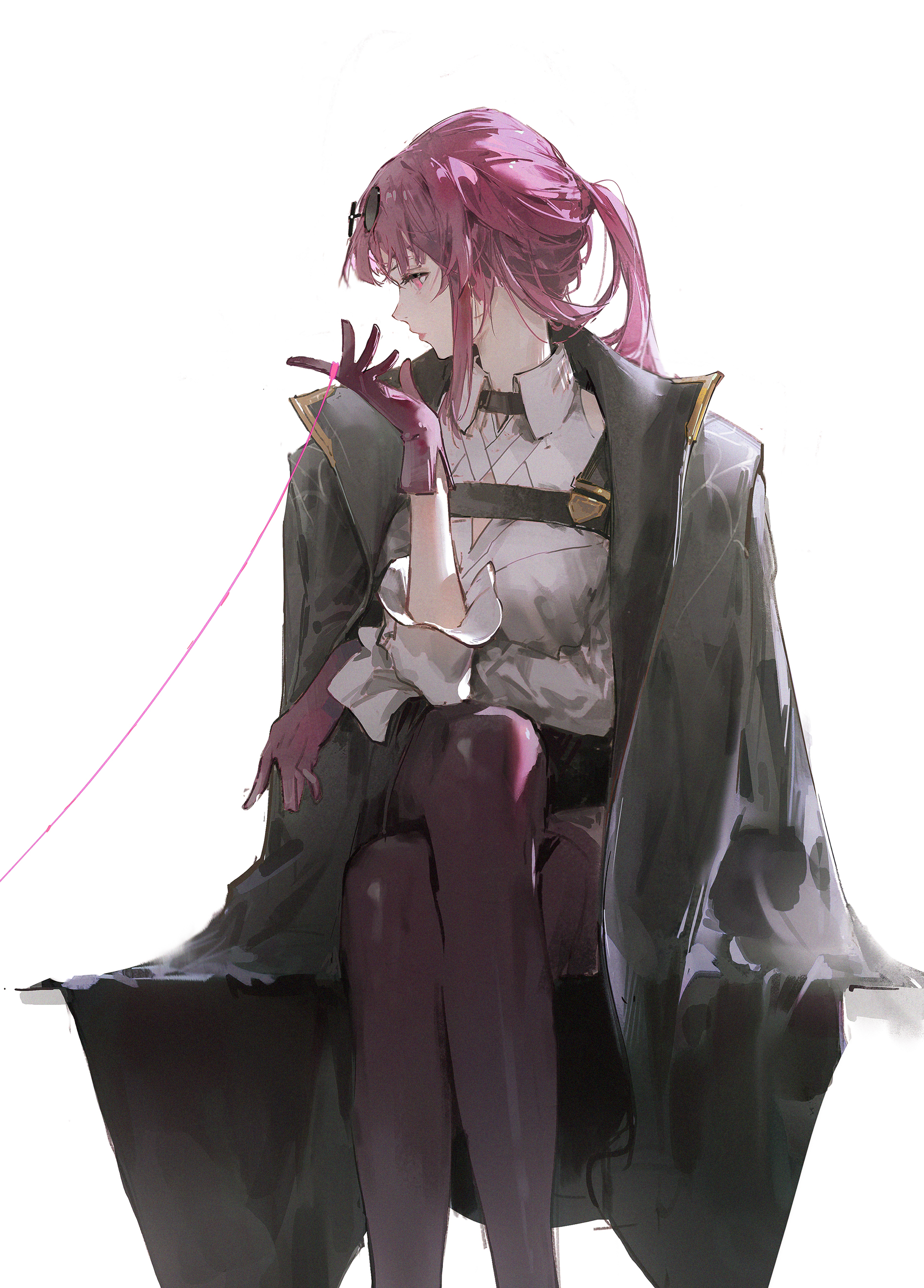 a young woman with pink hair and a black and gold jacket sits in a chair, she wears a white shirt and black gloves. a red string is attached to her finger. she has a serious expression on her face and is looking down.