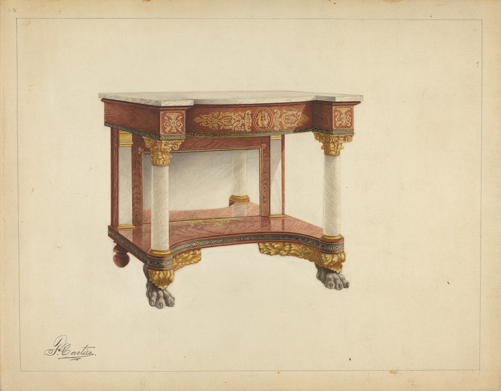 a watercolor drawing of a table in a classical style. the table has a rectangular marble top. below the top, there is a frieze decorated with gold ornaments and a central circular motif. the table is supported by four white marble columns with ornate gold capitals and bases. at the bottom, the table has a similar frieze with gold ornaments. the legs end in animal paws. the signature "i.e. carter" is in the bottom left corner.