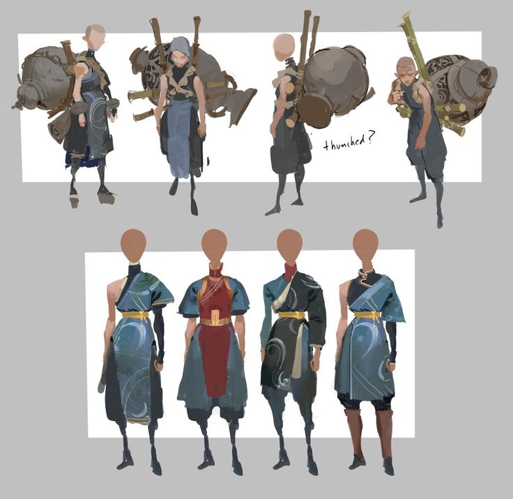 this image showcases character design concepts for a video game or other artistic project. it presents various characters, each with unique clothing, armor, and weapons. the characters are drawn in a style reminiscent of anime or manga. the image likely serves as a visual reference for the characters and their respective aesthetics within a larger project.