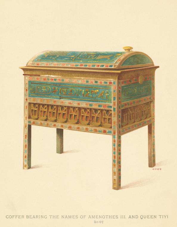 the image shows an illustration of an ancient egyptian coffer (chest or box) that bears the names of amenhotep iii and queen tiyi. the coffer is decorated with hieroglyphics, various colors, and patterns typical of ancient egyptian art. it has a rounded top and stands on legs, suggesting it was used as a piece of furniture. the overall style indicates it is a historical or archaeological illustration of an egyptian artifact.