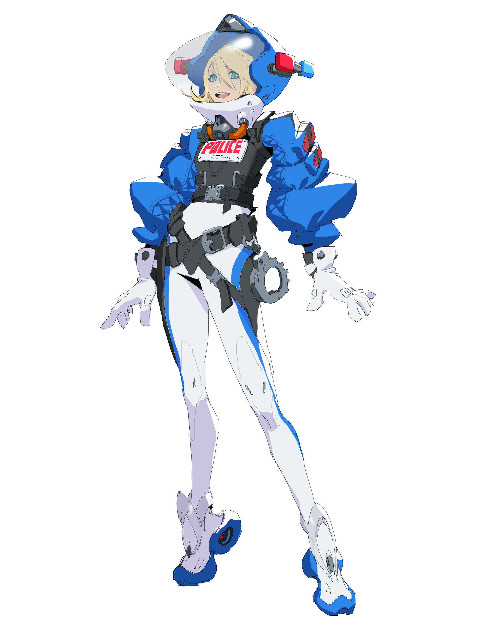 a fullbody illustration of a futuristic female police officer with blonde hair. she is wearing a blue and white uniform with a helmet, gloves, and unique boots. the uniform includes a badge that reads "police" and she is carrying handcuffs. the artwork is in an anime style.