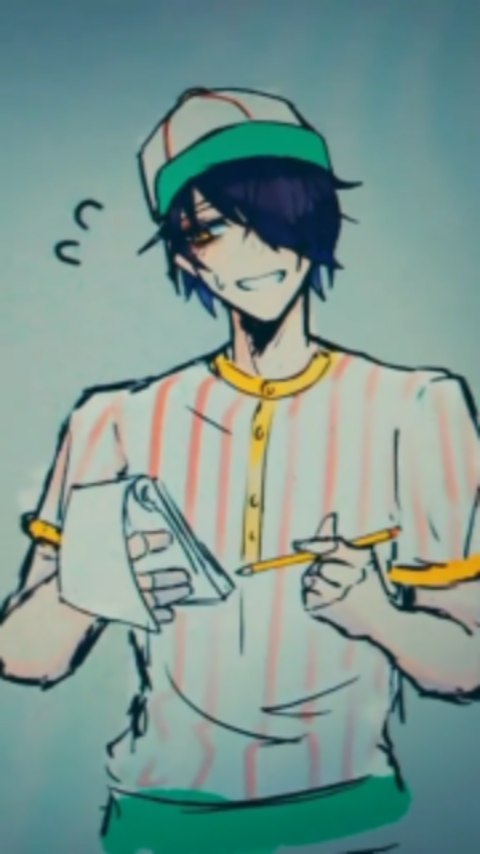 the image is a stylized digital drawing or fanart of a young animestyle male character. he appears to be a fastfood worker, wearing a striped shirt and a baseball cap. he's holding a notepad and pencil, seemingly taking an order or writing something down. his expression is cheerful and slightly mischievous. the art style is loose and sketchy, with visible brushstrokes and a muted color palette.  there are small, almost whimsical, symbols near his head suggesting thought bubbles. the background is a simple, muted tone.