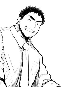 the image is a black and white drawing of a man smiling. he is wearing a collared shirt and tie.