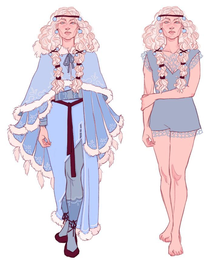 two drawings of the same ice queentype woman with pale skin, light blonde curly hair braided into two pigtails and secured by dark ribbons. she has a headband. one drawing shows her in a light blue long gown with a cape that is decorated with white snowflakelike patterns and has a white fur trim, she also has a belt, and shoes that match the color of the ribbons in her hair. the other drawing shows her in a lacetrimmed light blue night wear outfit.
