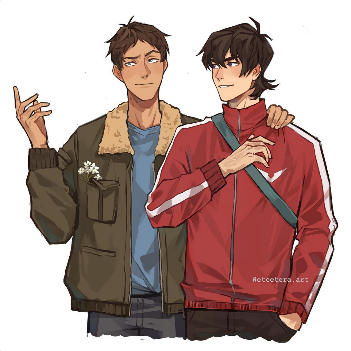 a digital illustration of two young men in casual wear stand next to each other. the figure on the left has brown hair and is wearing a green bomber jacket over a blue shirt, with his left hand partially in the jacket pocket, clutching small white flowers. the figure on the right has black hair and is wearing a red and white track jacket with a black stripe. he has his right hand in his jacket pocket and his left arm draped over the other figure's shoulder. they are both smiling slightly and looking in different directions.