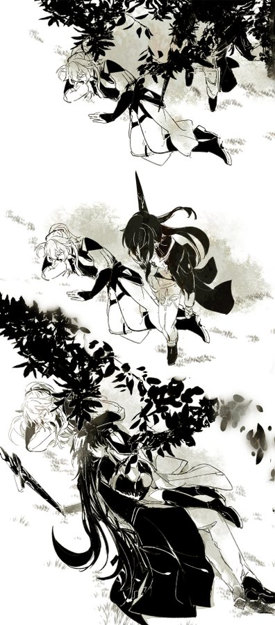 the image shows four girls in anime style fighting. the image is drawn in black and white. two girls are in the foreground, one of the girls is on the ground, while the other is standing and holding a sword. two other girls are in the background, one is lying down on the ground, the other is standing above the first. they are fighting with swords, and their bodies are tense and ready to strike. the image is full of action and energy, and the girls look determined to win the fight. the image has a dark and mysterious feeling, and the silhouetted figures are very striking.