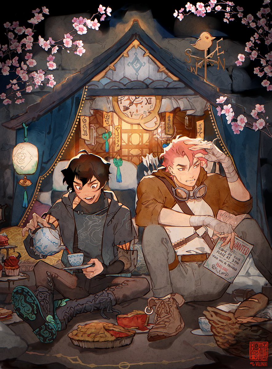 two young men in anime style are sitting inside a decorated tentlike structure. the first character is pouring tea from a blue and white teapot into a teacup. he has dark hair and wears a grey patterned hoodie. the second character has red hair and a bandaged hand and head. he is holding a "wanted" poster and wears goggles around his neck. they are surrounded by food, including pies, pastries, and bread. a clock and lantern hang in the background, and cherry blossom branches are visible outside the tent.