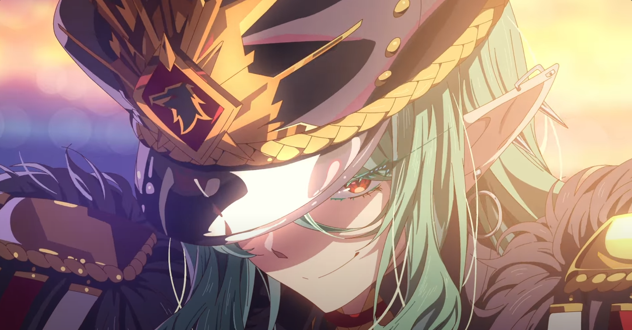 the image is a closeup digital artwork depicting an animestyle female elf. she has long, flowing seagreen hair and sharp elf ears. her striking red eyes are partially visible beneath a large, ornate golden helmet or hat that resembles a military officer's headwear. the hat is adorned with intricate details and has a braided gold band around its base. the elf is wearing a dark purple and gold militarystyle uniform, suggesting a position of authority. the background is a soft, warm sunset, creating a dramatic contrast to her attire. she appears strong and regal, and her slight smile is enigmatic and suggestive of strength or cunning. the overall aesthetic is visually rich and detailed, with a combination of sharp lines and soft shading techniques.