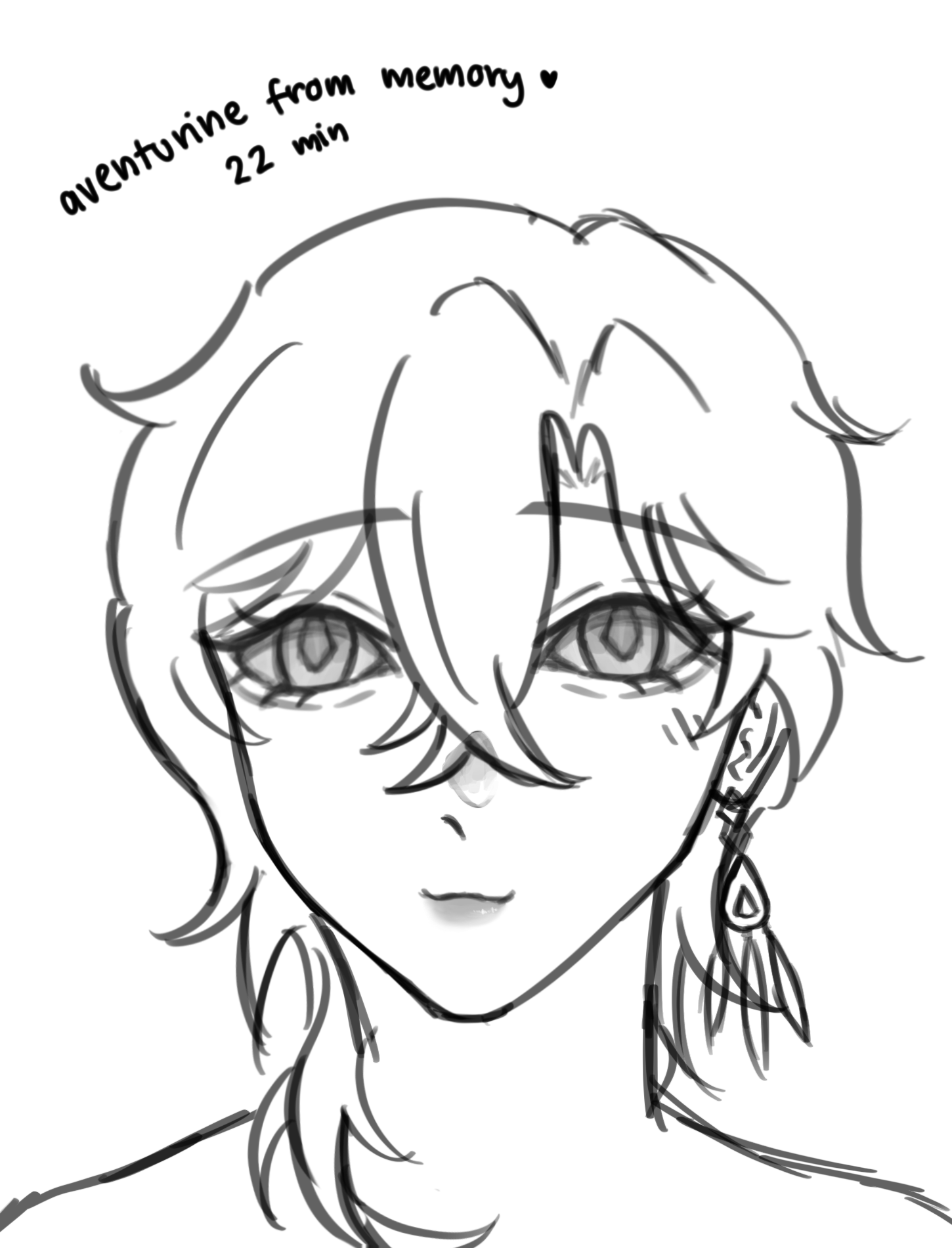 a black and white sketch of a male character, possibly in anime or manga style, labeled "aventurine from memory" with a time of 22 minutes. the drawing focuses on the character's face, including his hair, eyes, and a detailed earring.