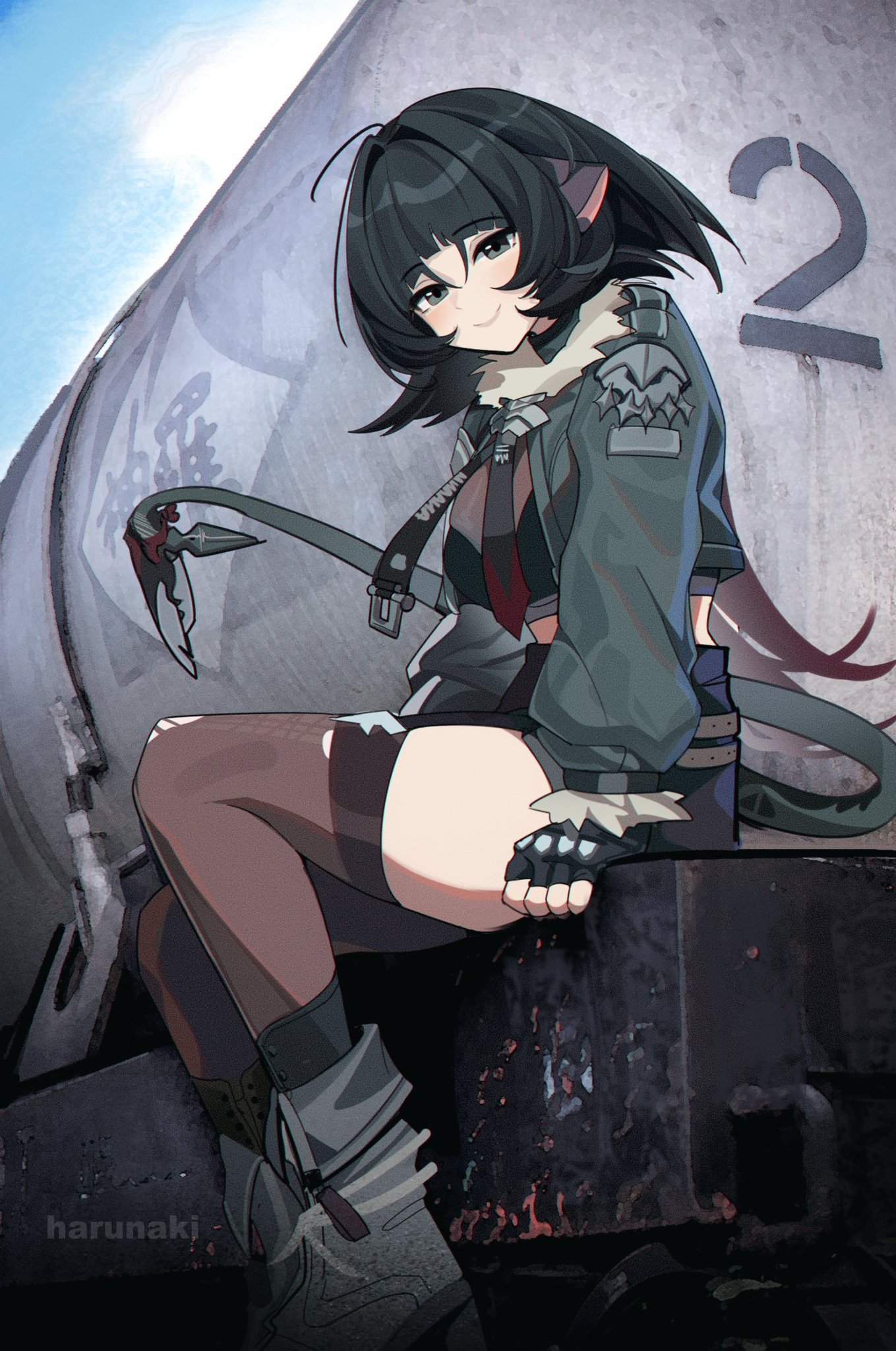 a young anime girl with long black hair and wearing a green jacket sits on a gray wall with graffiti. she has a weapon in her hand and is smiling. the background is a gray wall with graffiti and the image is in a futuristic style.