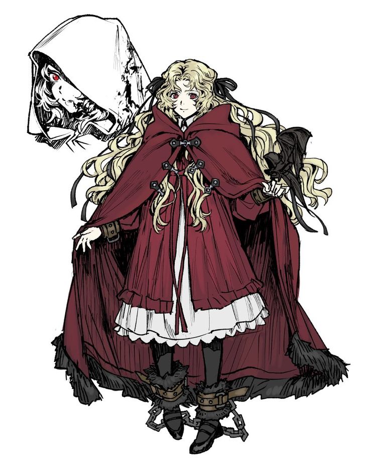 this is a digital illustration of a young anime girl with long blonde hair and a red cloak. the girl is wearing a white dress and has chains around her ankles and wrists. she also has a bat with black wings on her arm. there is a figure behind her, a woman, who looks pale with bright red eyes, and a hood. they both look very creepy. the artwork is done in black and white with some red and white coloring.