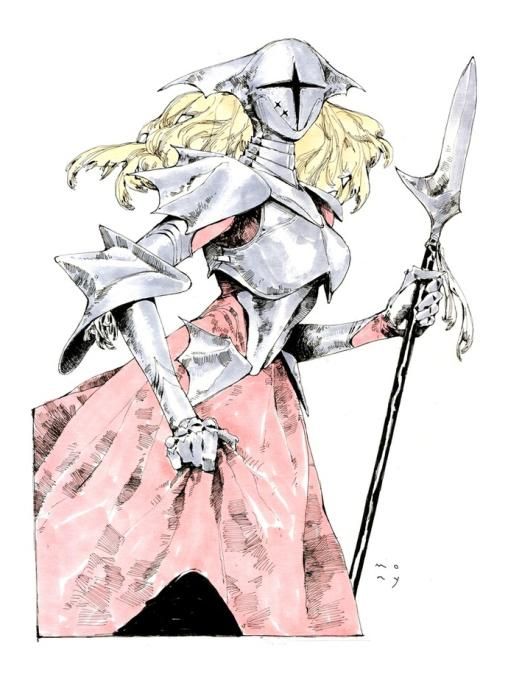 the illustration showcases a female warrior clad in intricate armor, her blonde hair flowing beneath a helmet adorned with a crossshaped visor. she stands poised for battle, her grip firm on a long spear, her gaze resolute and determined. a pink dress flows out from beneath her armor, adding a touch of femininity to her otherwise fierce appearance. the artist's skillful use of linework and shading creates a sense of depth and texture, bringing the character to life on the page.