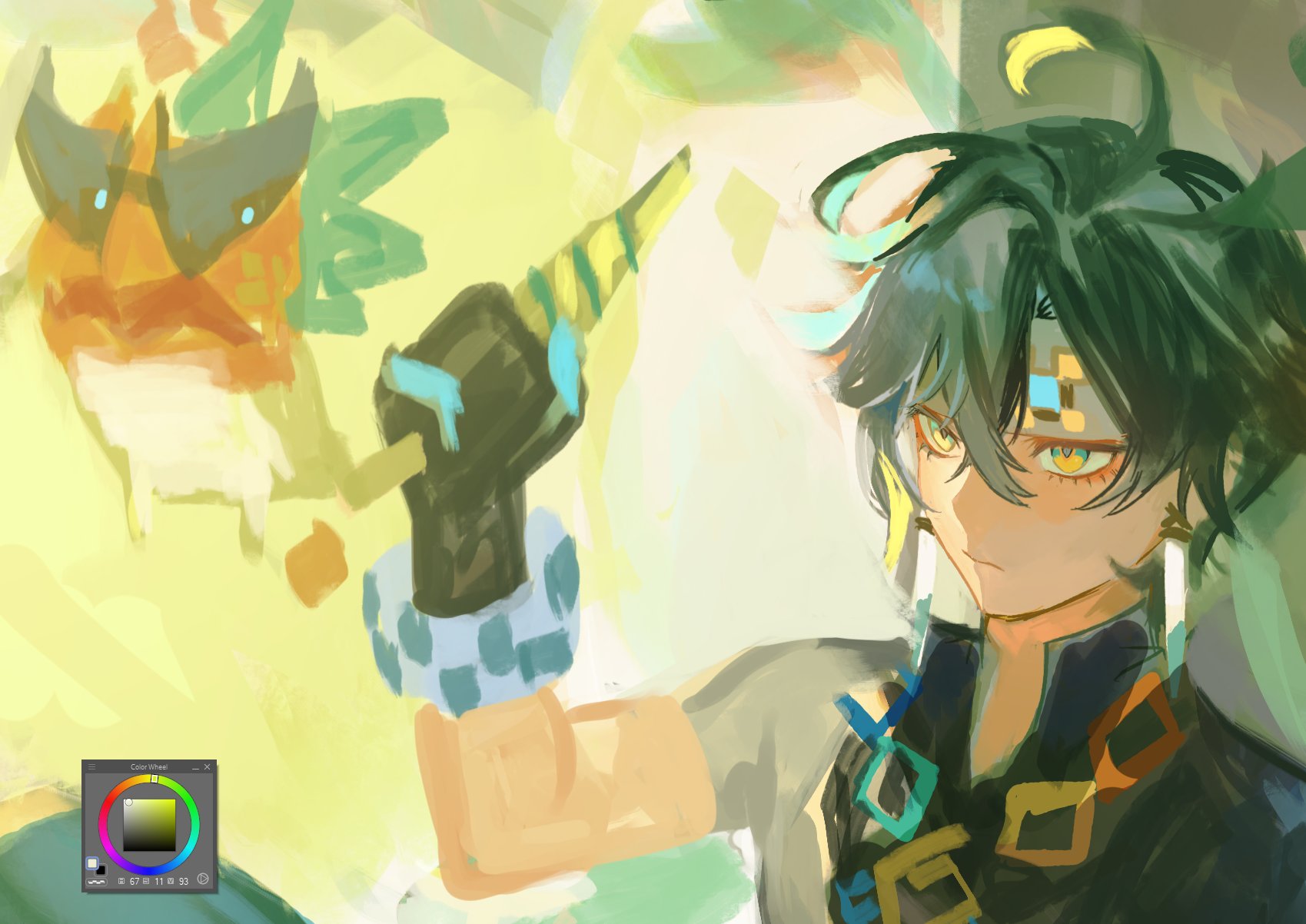 this is a digital painting of an anime boy. he has green hair, blue eyes, and is wearing a green, blue, and yellow outfit. he is holding a sword and looks very serious. the background is a blur of colors and shapes.