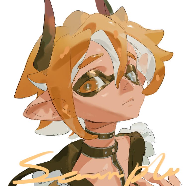 a close up of a young male anime character with horns, white hair and yellow hair, wearing a black collar and a mask over his eyes, he looks to the right side of the image, the background is white.