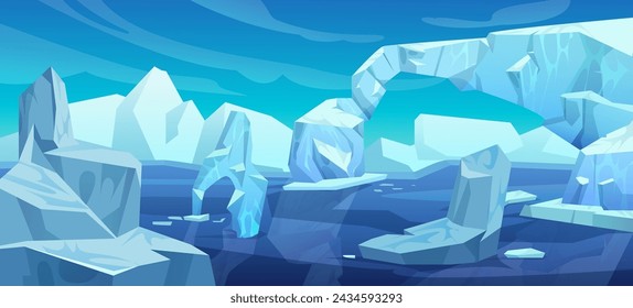 illustration of a tranquil arctic scene. majestic icebergs, some carved into arches, dominate the serene blue water. the distant snowcapped mountains blend seamlessly with the light blue sky, creating an atmosphere of icy solitude and grandeur.