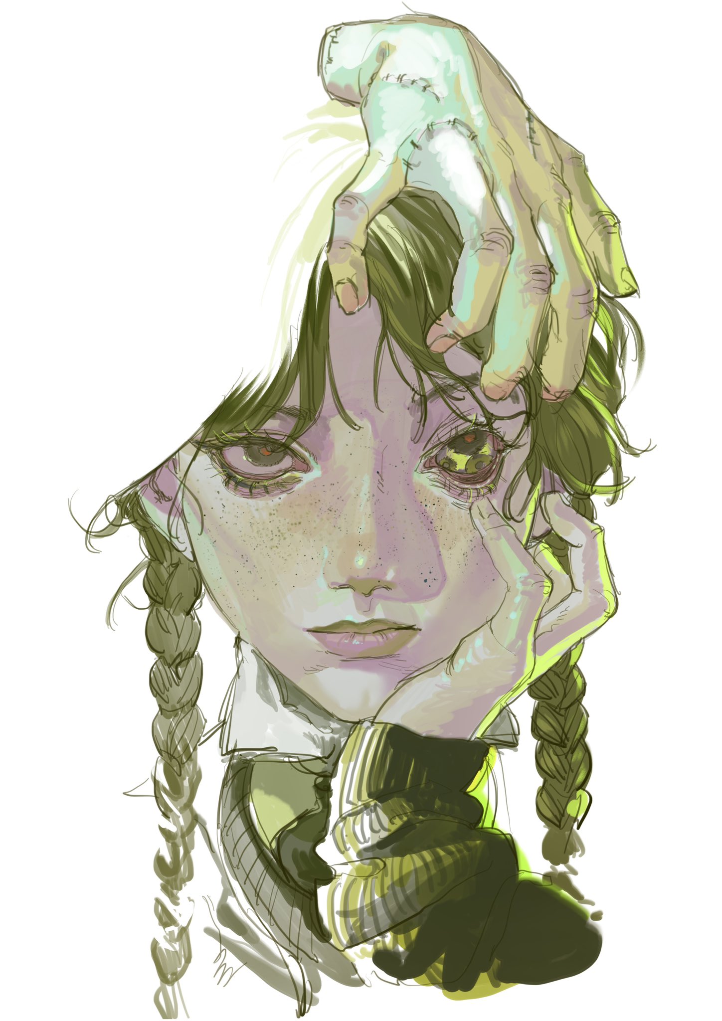 an illustration of a young girl with long braided hair, wearing a school uniform and a sweater, looking thoughtfully with a sad expression, her hand is covering her face, and another hand is resting on her cheek. there are freckles on her face. the background is white. the colors are mostly green, yellow, and white, creating a cool, melancholy atmosphere.