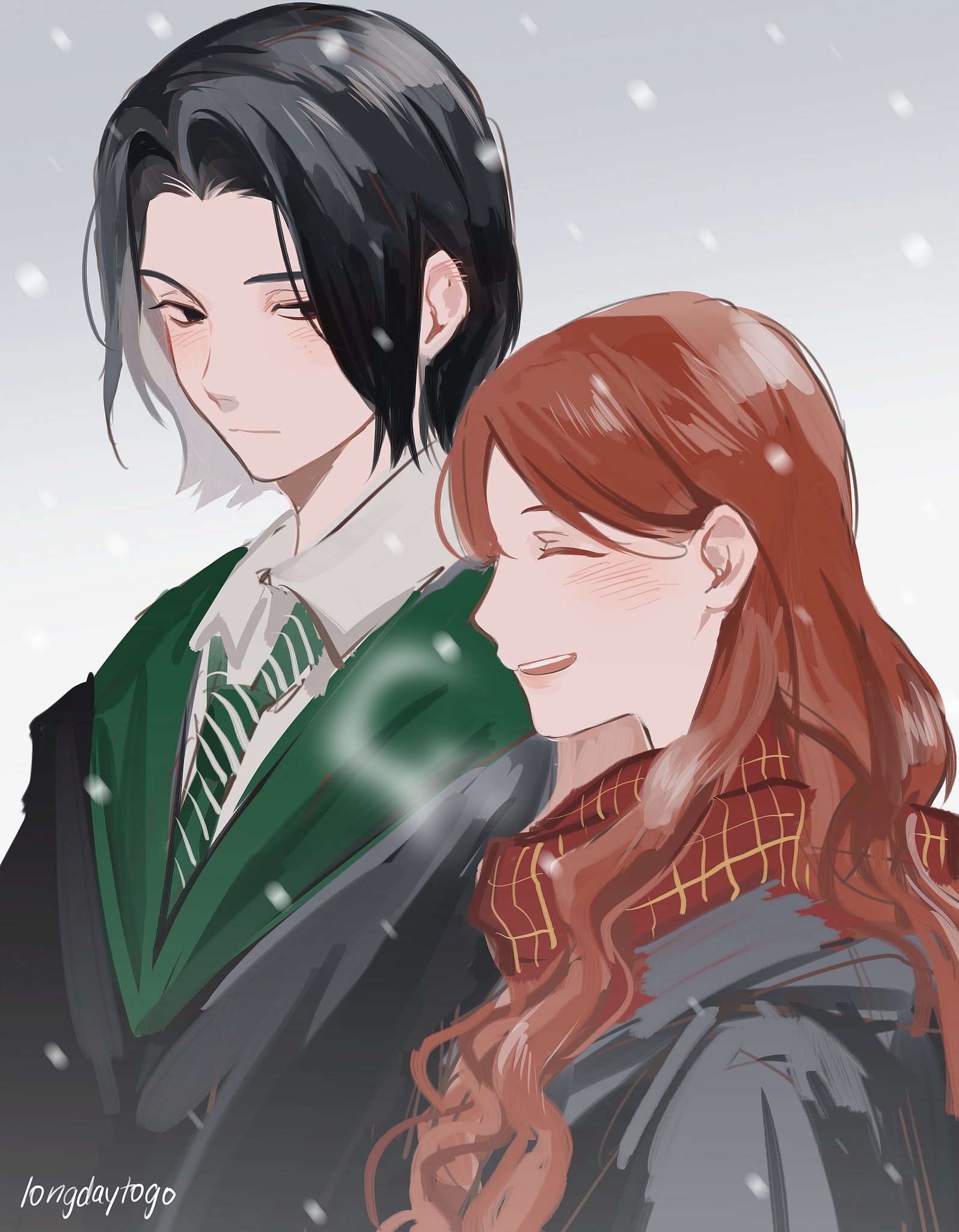 the image is a digital fanart depicting a romantic scene between two animestyle characters seemingly inspired by the harry potter universe.  the characters are positioned closely together, suggesting intimacy and affection. one character, with dark hair and a slytherinesque green robe, appears slightly taller and stands protectively behind the other. the second character possesses long red hair, reminiscent of a gryffindor, and wears a dark jacket with a maroon and gold scarf. snow falls gently around them, creating a cozy winter atmosphere. the art style is soft and somewhat painterly, with a focus on subtle shading and emotional expression. the overall mood is warm, loving, and romantic.  the artist's signature, "longdaytogo", is visible in the bottom left corner.