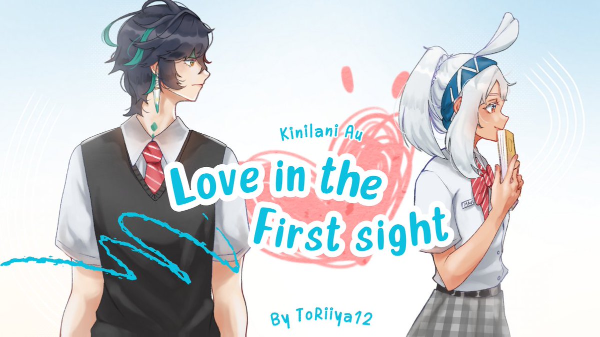 the image is a digital fanart depicting a romantic scene between two animestyle characters.  the artwork is titled "love in the first sight" and is credited to artist toriya72, and is a kinilani au.  it showcases a boy with teal and black hair wearing a school uniform consisting of a white shirt and dark vest, and a girl with long white hair wearing a school uniform including a white shirt, red ribbon, and plaid skirt; she also has rabbitlike ears on a headband.  both characters appear to be in a school setting and are subtly drawn facing each other, suggesting an unspoken connection or attraction. the style is soft and sweet, with pastel color palettes and a gentle atmosphere. a heartshaped graphic is prominently featured in the center, reinforcing the romantic theme.