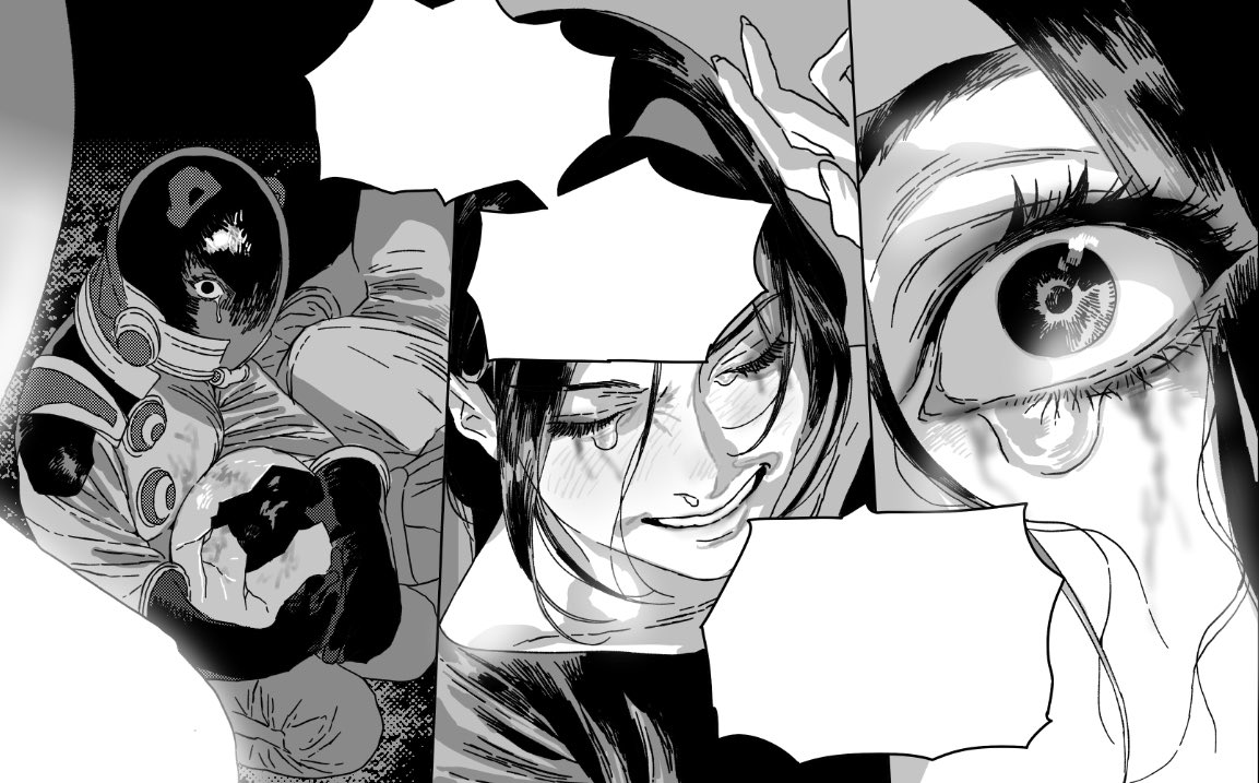 the image is a manga panel in monochrome. it shows a closeup of a crying woman's face and eye, with tears streaming down. there's an astronaut in a space suit to the left. there are also blank speech bubbles present throughout the image. the overall tone is emotional and sad, conveying a sense of despair.