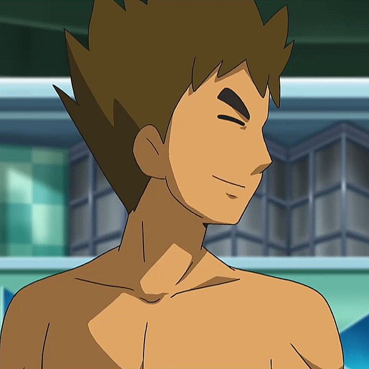 a shirtless anime boy with brown hair, is smiling, looking off to the side. he has a muscular build and is standing shirtless.  the image is animated and possibly taken from an anime tv show.  he is wearing a pair of swim trunks.  it seems that he is in a pool or at the beach.