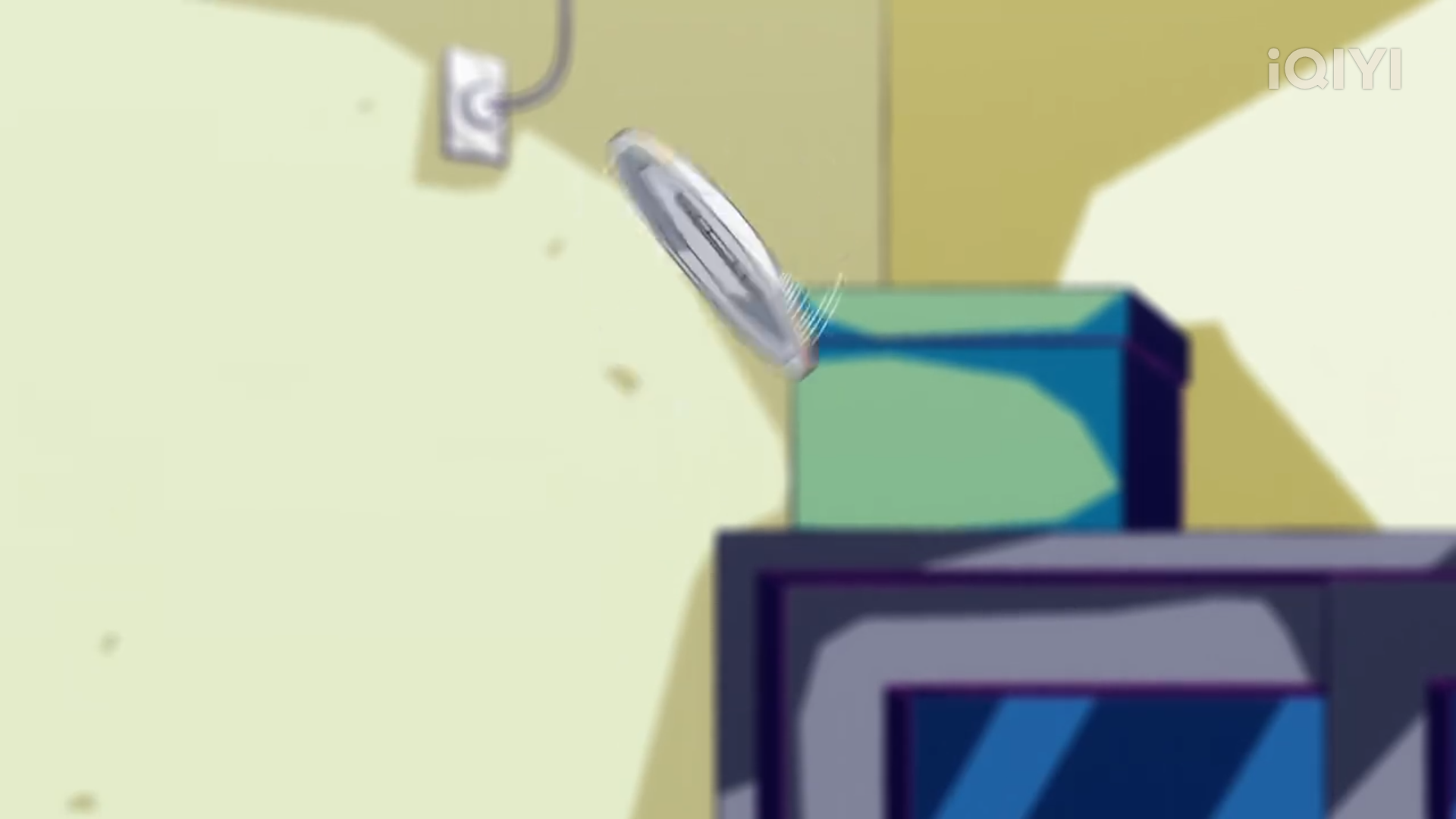 a cartoon image of a room, where a cd is flying in the air. the cd is in focus and partially obscuring a box that is sitting on top of a television. the background is a pale yellow wall.