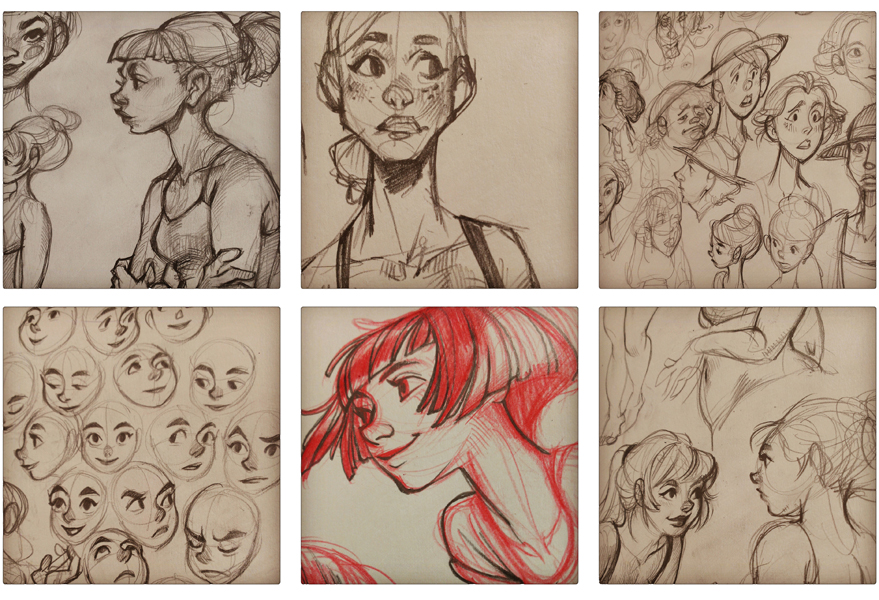 the image consists of six panels containing various pencil sketches of female faces and figures. the sketches explore different angles, expressions, and styles.  some panels focus on individual portraits, while others feature multiple smaller drawings.  the overall style is loose and expressive, suggesting preliminary character design or artistic exploration.