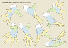 the image shows nine drawings of hands in different poses against a lightyellow background. these drawings are for artists to use as references when drawing hands.```
