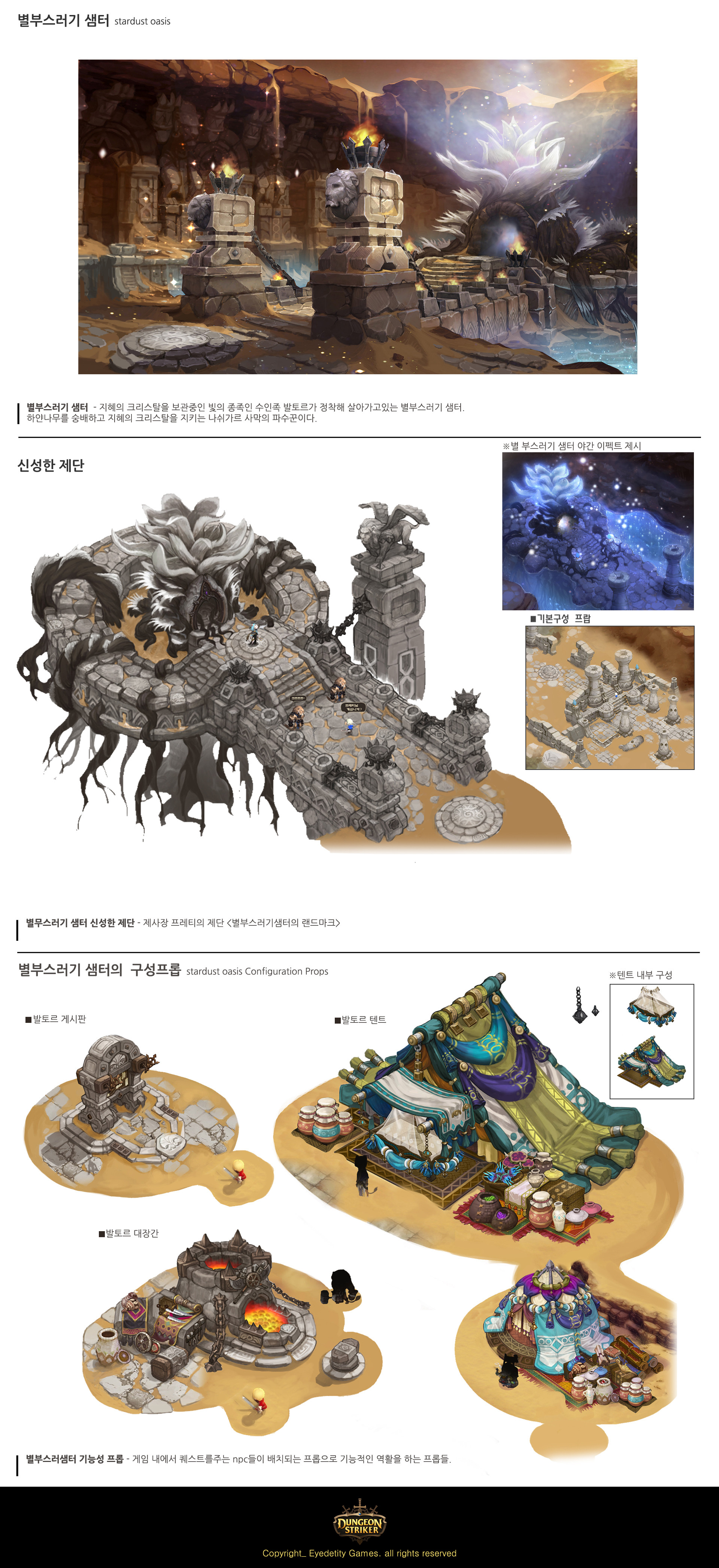 the image showcases concept art for a desertthemed environment, likely for a video game. the top image presents a wideangle view of ancient ruins nestled within a canyon, featuring a glowing portal and cascading water.  the second section details a closer look at an intricate bridge structure adorned with ancient symbols and connected to a central building resembling a temple. an inset showcases starry sky textures and stone details. the final section focuses on smaller environmental elements like market stalls, tents, and a crafting station, highlighting the functional aspects of the environment alongside its visual appeal. the art style leans towards a stylized realism with warm, earthy tones dominating the color scheme.
