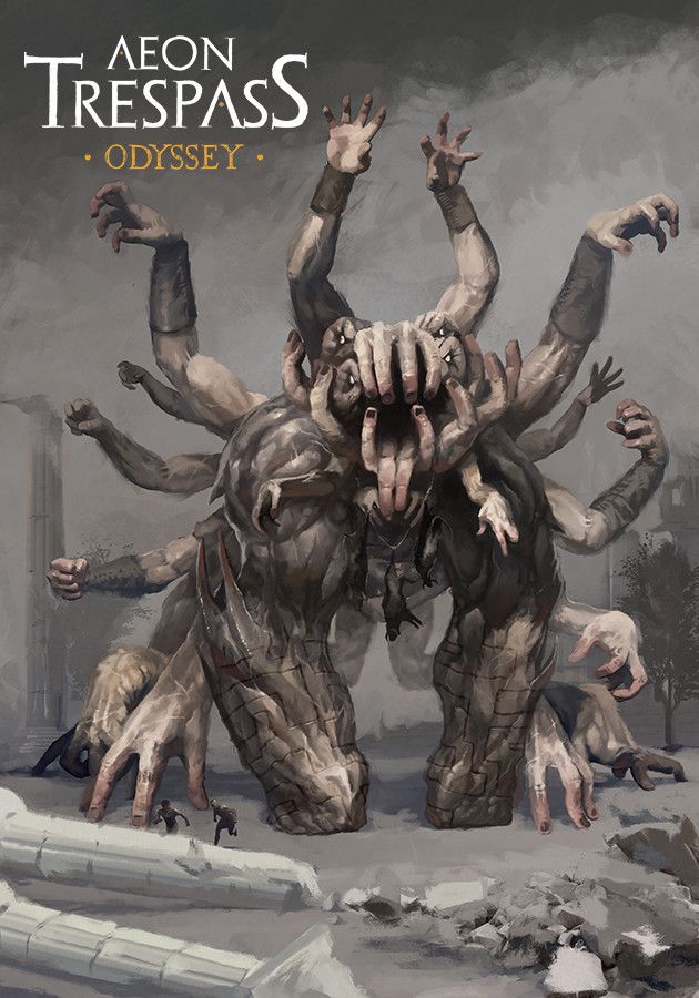 a grey, monstrous creature with many arms and hands stands tall above the ruins of a city. its arms reach out, and its hands seem to be grasping at the air. the creature's face is hidden in its many hands, and its eyes are not visible. the background is a grey, misty landscape, and the creature's shadow is cast across the ground. this is a piece of digital art that is a perfect representation of a horrifying and epic scene from a fictional world.