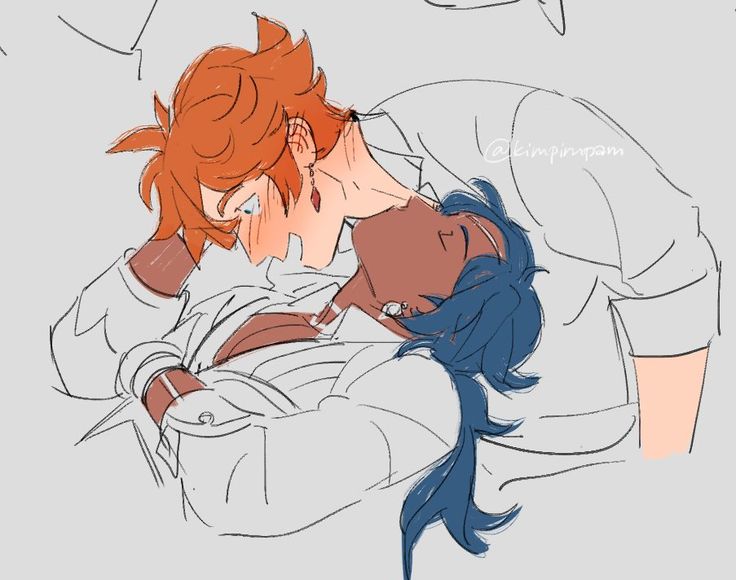 this is a digital illustration of a couple embracing each other. the male character has orange hair, and the female character has blue hair. they are both wearing white shirts and the male character is leaning in to kiss the female character. the illustration is filled with love and affection.