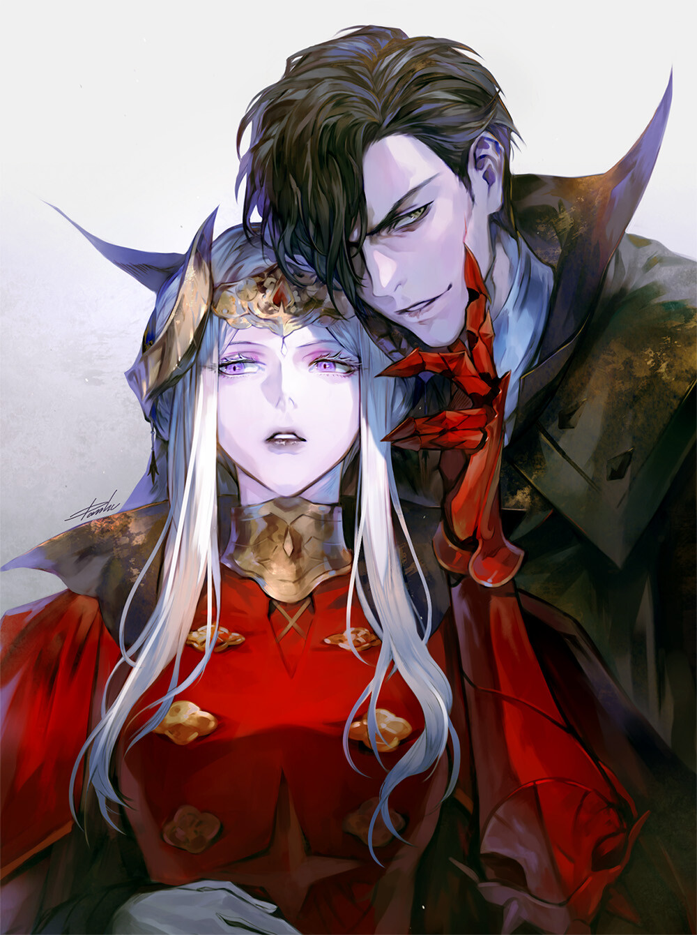 the image shows a digital painting of a couple, seemingly from a fantasy setting. the woman has long, white hair, a red dress with gold accents, and an ornate headpiece. her expression is serene, perhaps slightly melancholic. the man has dark hair, a dark cloak, and a red glove, and his expression is more intense and perhaps slightly sinister. the two are close together, his hand resting on her shoulder and chin, creating an intimate and somewhat mysterious atmosphere. the artwork is highly detailed and features a rich color palette dominated by red, black, white and gold, enhancing the sense of drama and fantasy. the style is reminiscent of anime or manga, but with a more painterly and realistic approach to rendering details like fabric and skin texture.  the overall mood is one of romantic tension or perhaps even foreboding.