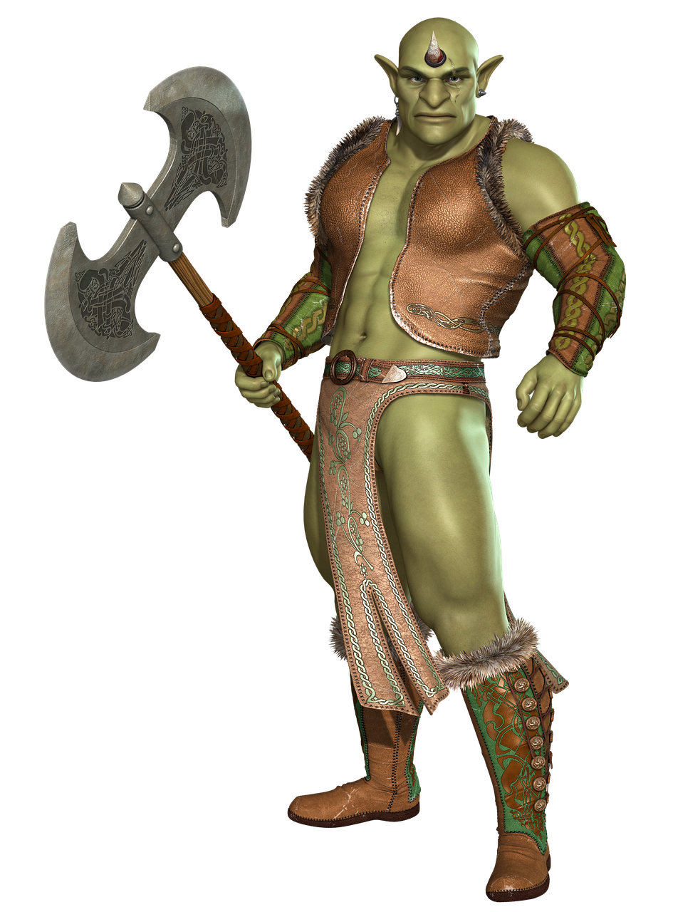 a greenskinned ogre stands with a large doublebladed axe. he has a third eye in the middle of his forehead and wears leather armor with fur trim, a short skirt, and boots. the background is black.